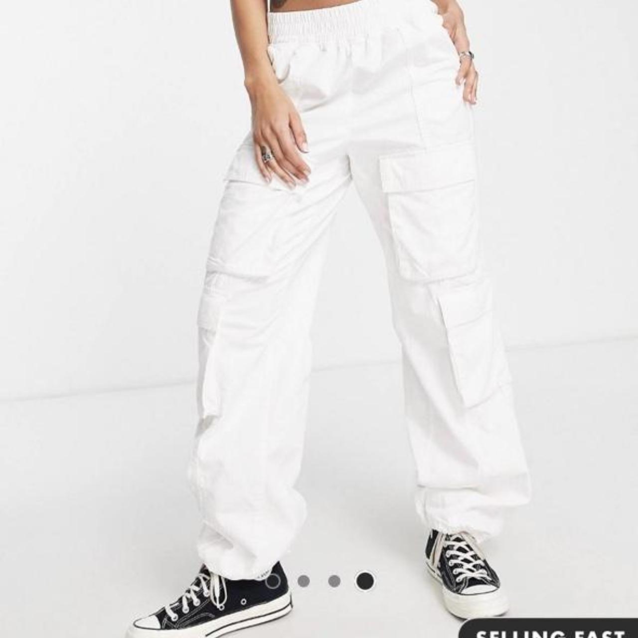 Bershka Drawstring Cargo Trouser in White (XS)... Depop