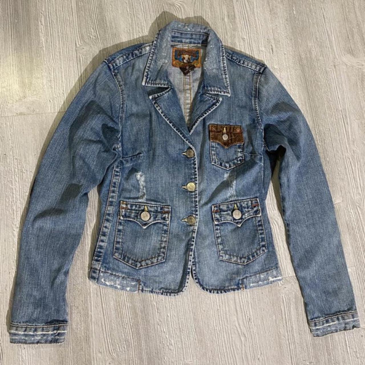 True Religion Women's Blue and Navy Jacket | Depop