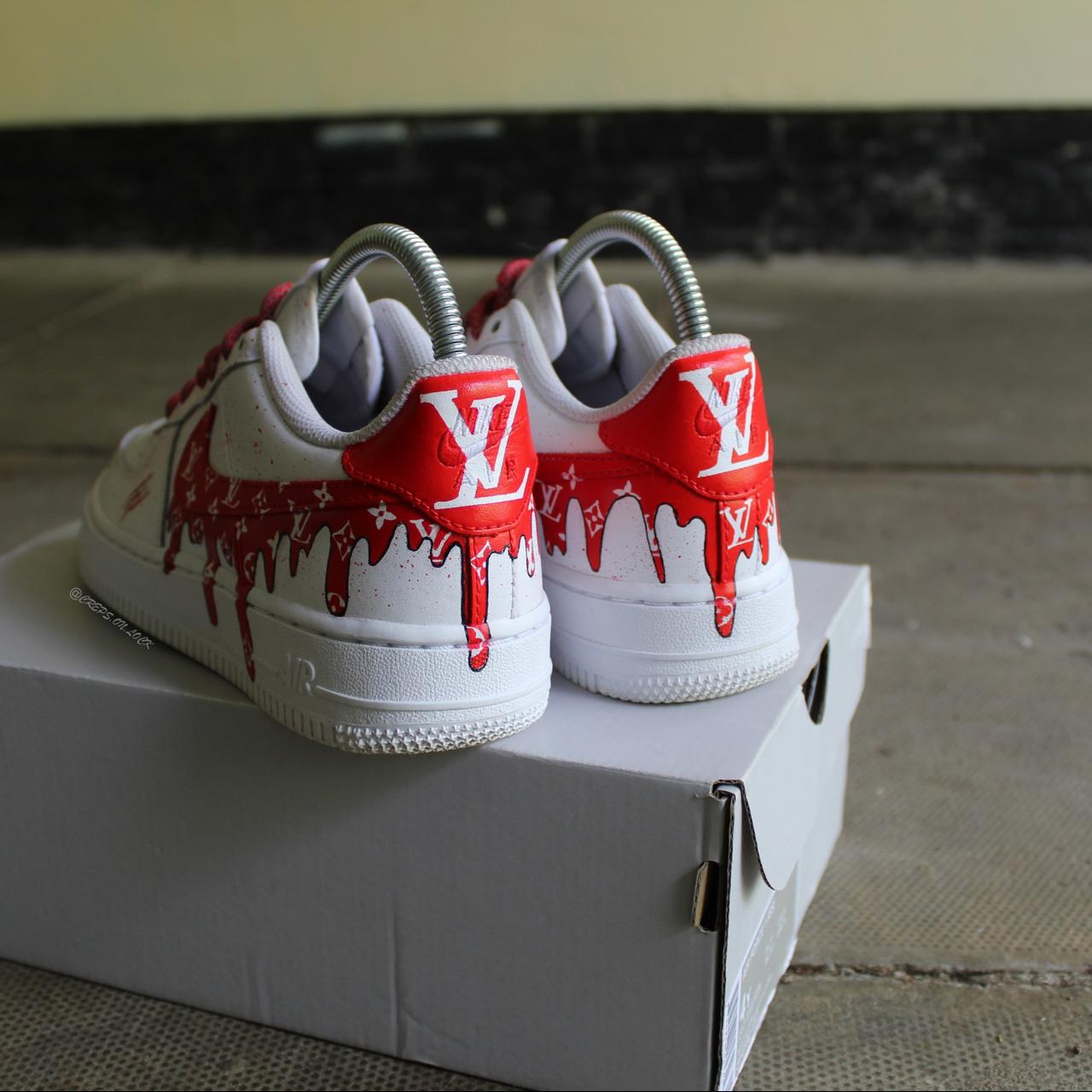 Custom lv red white supreme Air Force 1s - Depop