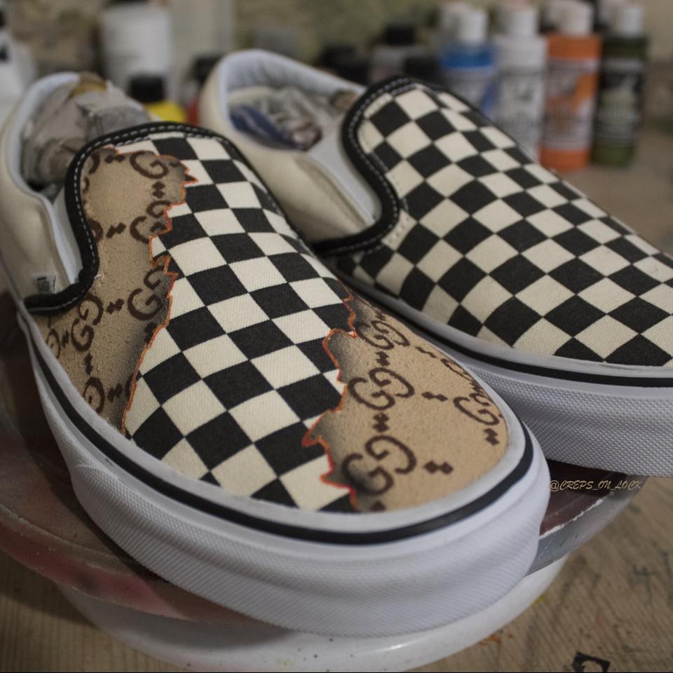 custom burned louis vuitton white slip on vans - can - Depop