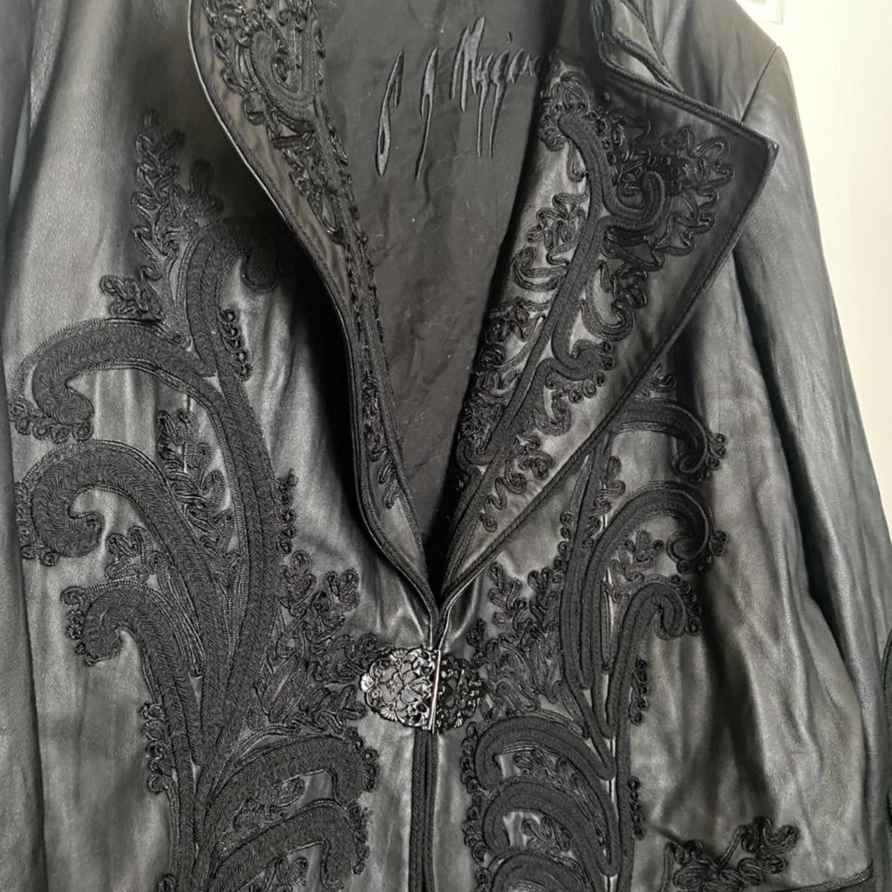 90s era leather jacket with embroidered black detail... - Depop