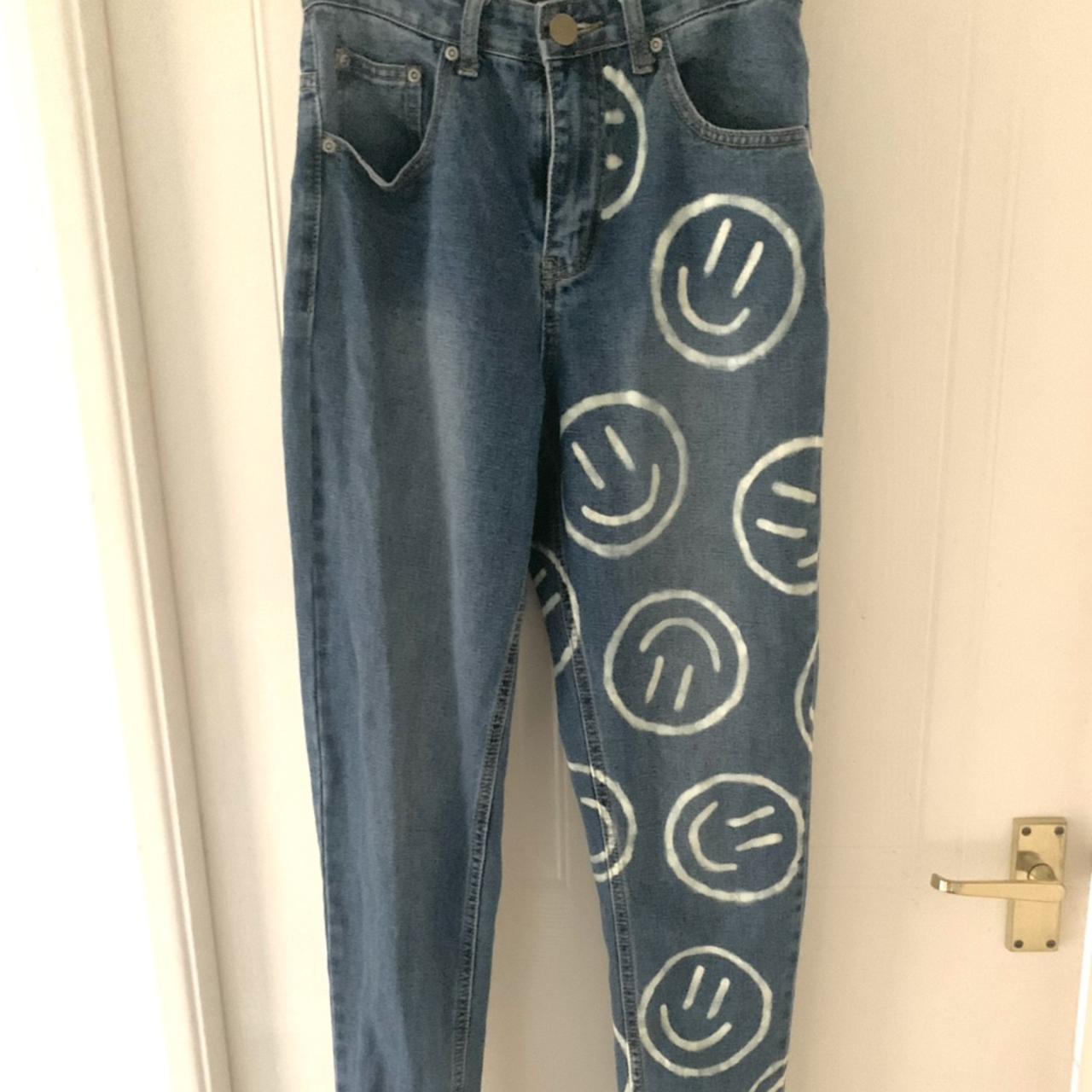 mom jeans with smiley faces