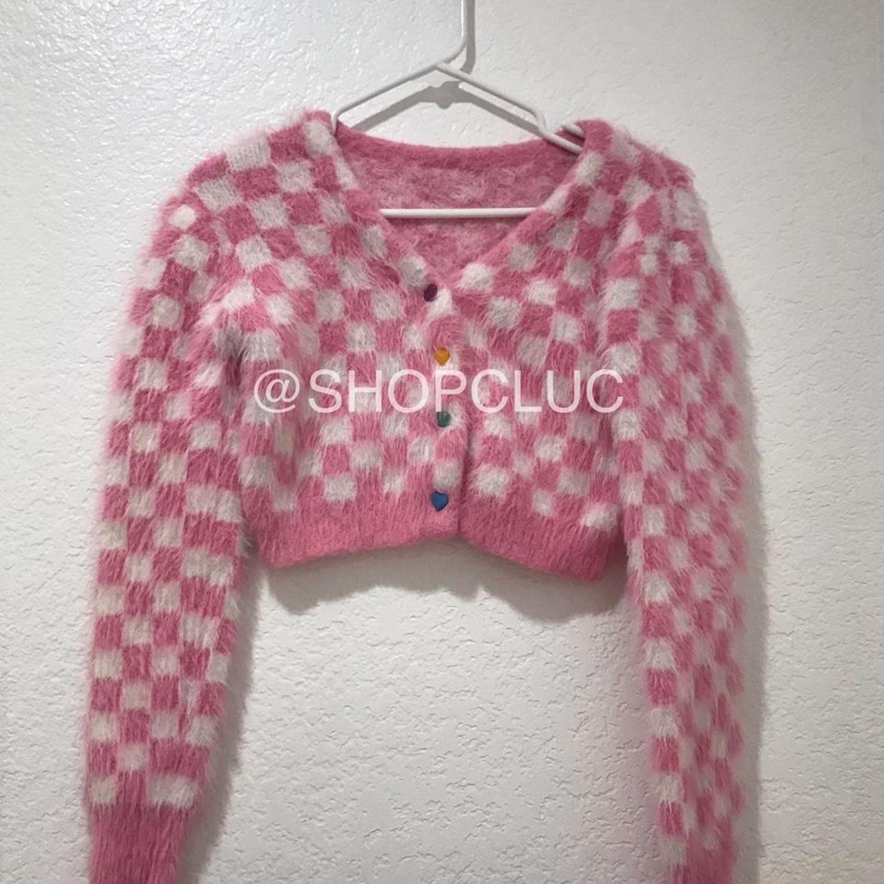 Pink And White Checkered Sweater Fuzzy Noticed In Neon Checkered