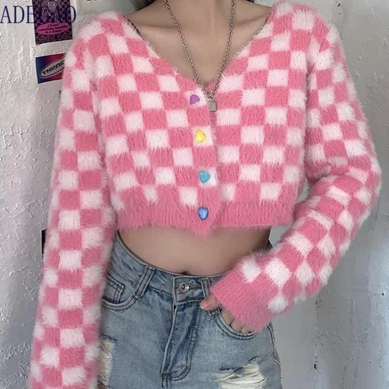 yesstyle pink fuzzy checkered cardigan sweater
