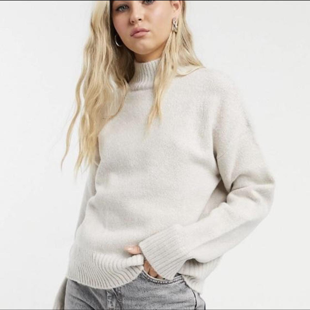 bershka beige oversized funnel neck jumper •size xs... - Depop