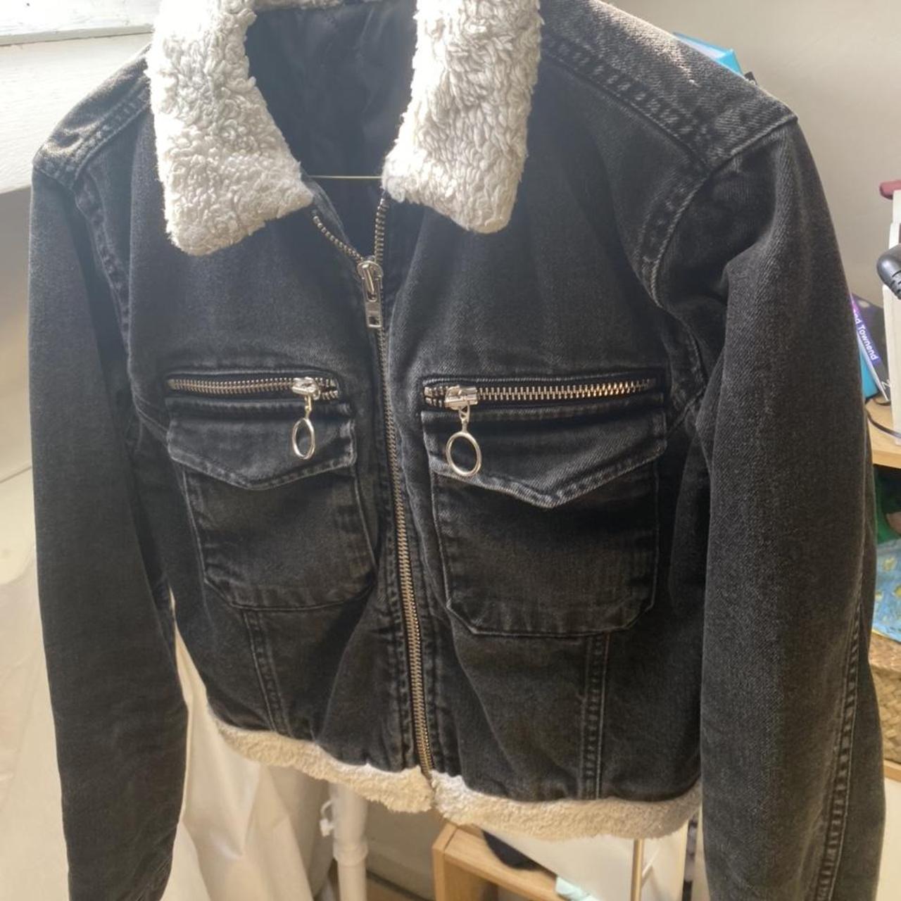 Topshop Black Cropped Denim Jacket With White Fur Depop