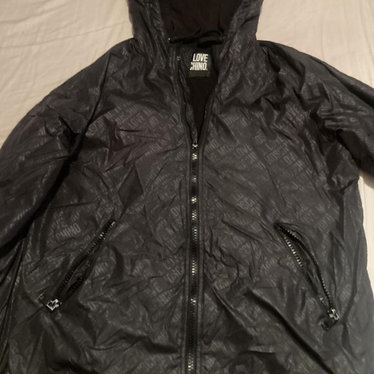 love moschino mens all over print puffer coat,