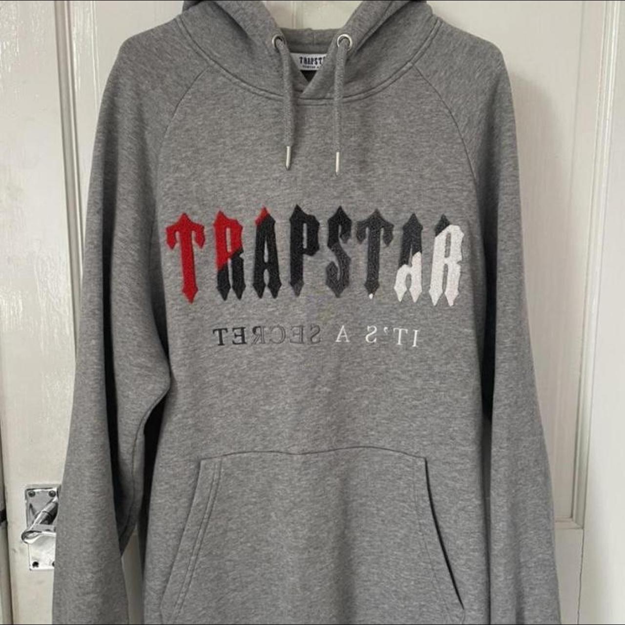 TRAPSTAR CHENILLE DECODED HOODED HOODIE GREY... - Depop