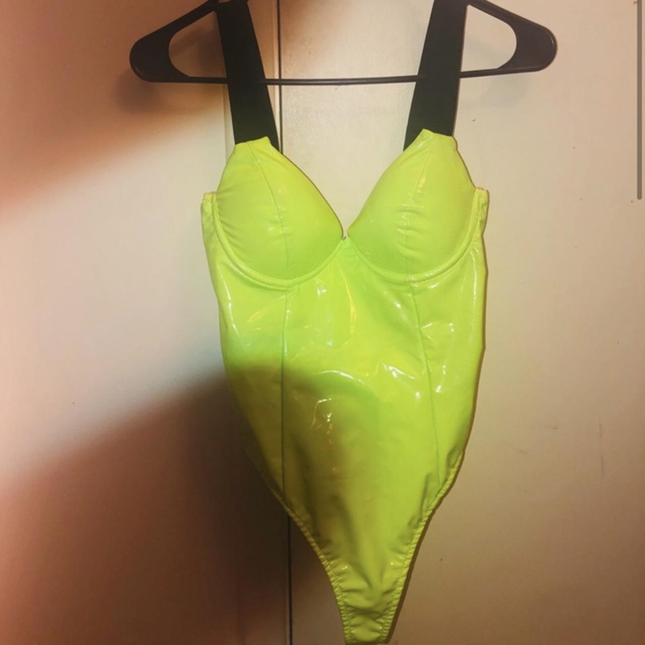 Lime green latex bodysuit -only worn once -size... - Depop