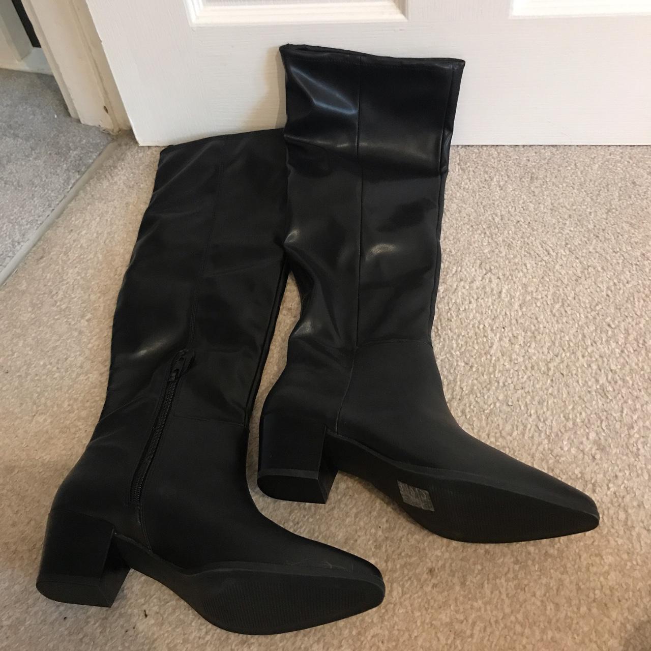 MONKI BLACK KNEE HIGH BOOTS, brand new condition... - Depop