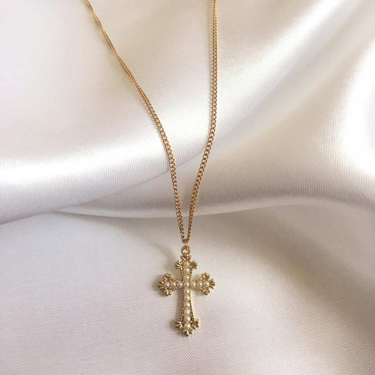 PEARL STUDDED GOLD CROSS NECKLACE pair this with... - Depop