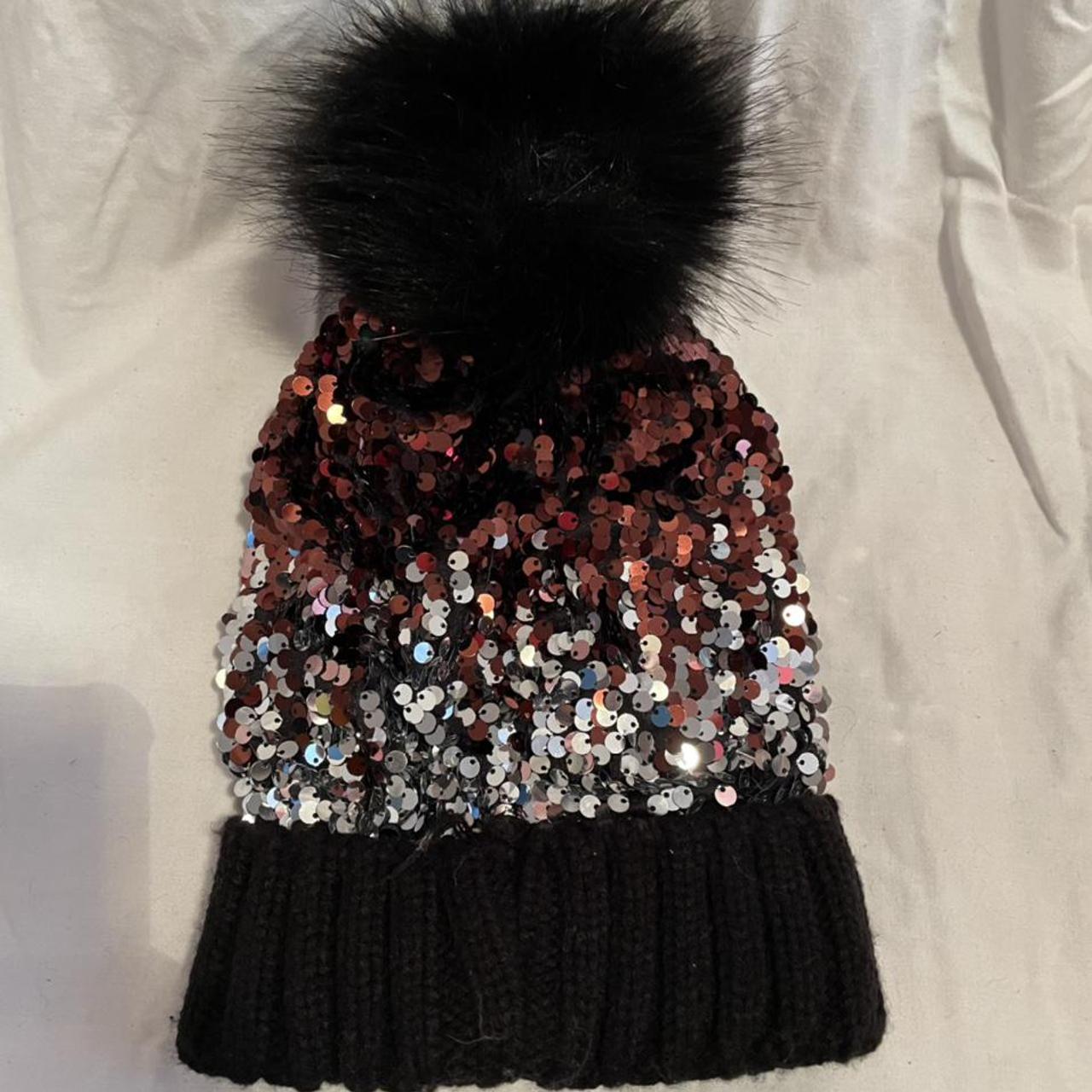 New Look Black Silver and Copper Sequin Bobble Hat.... - Depop