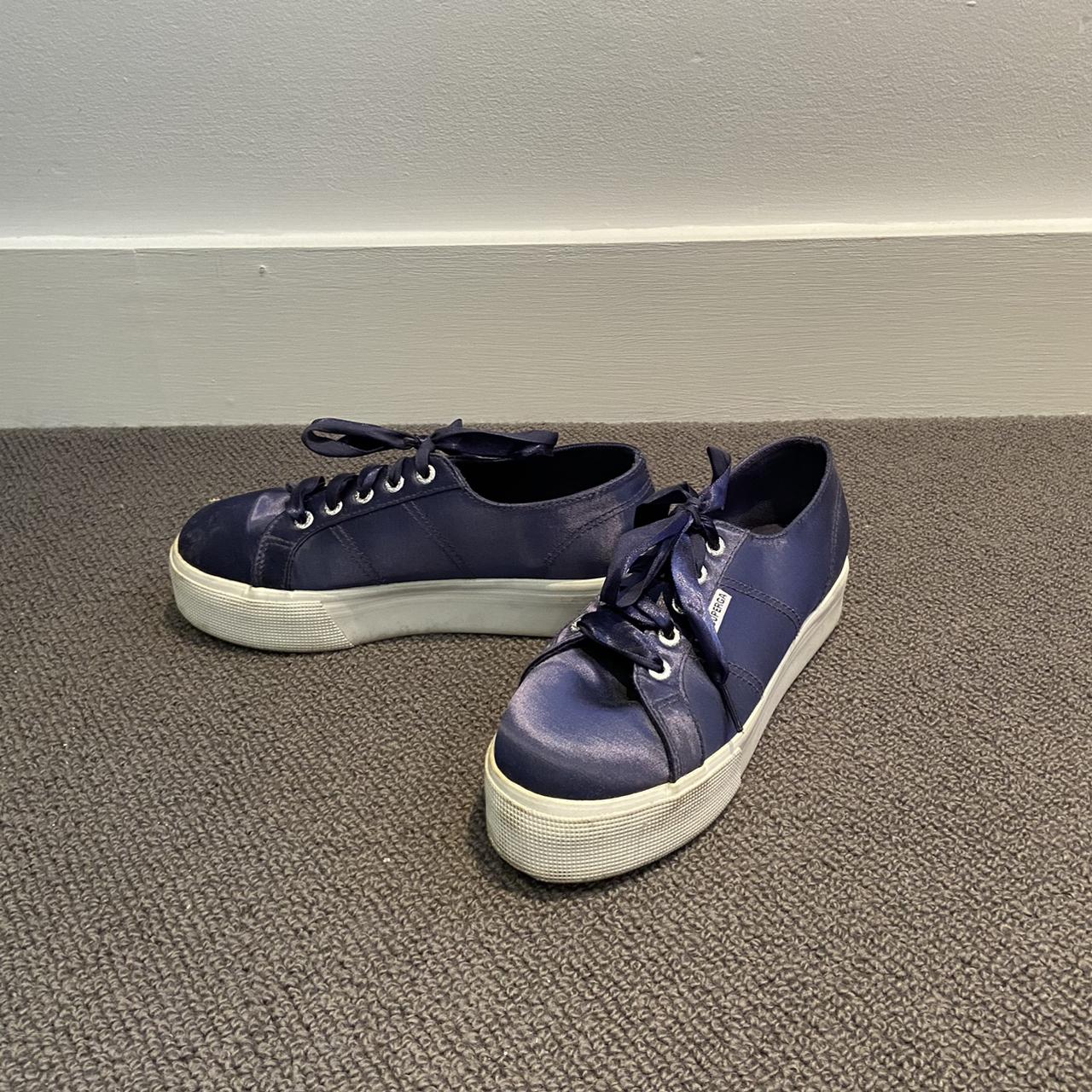 Navy blue satin Superga platform trainers with... - Depop