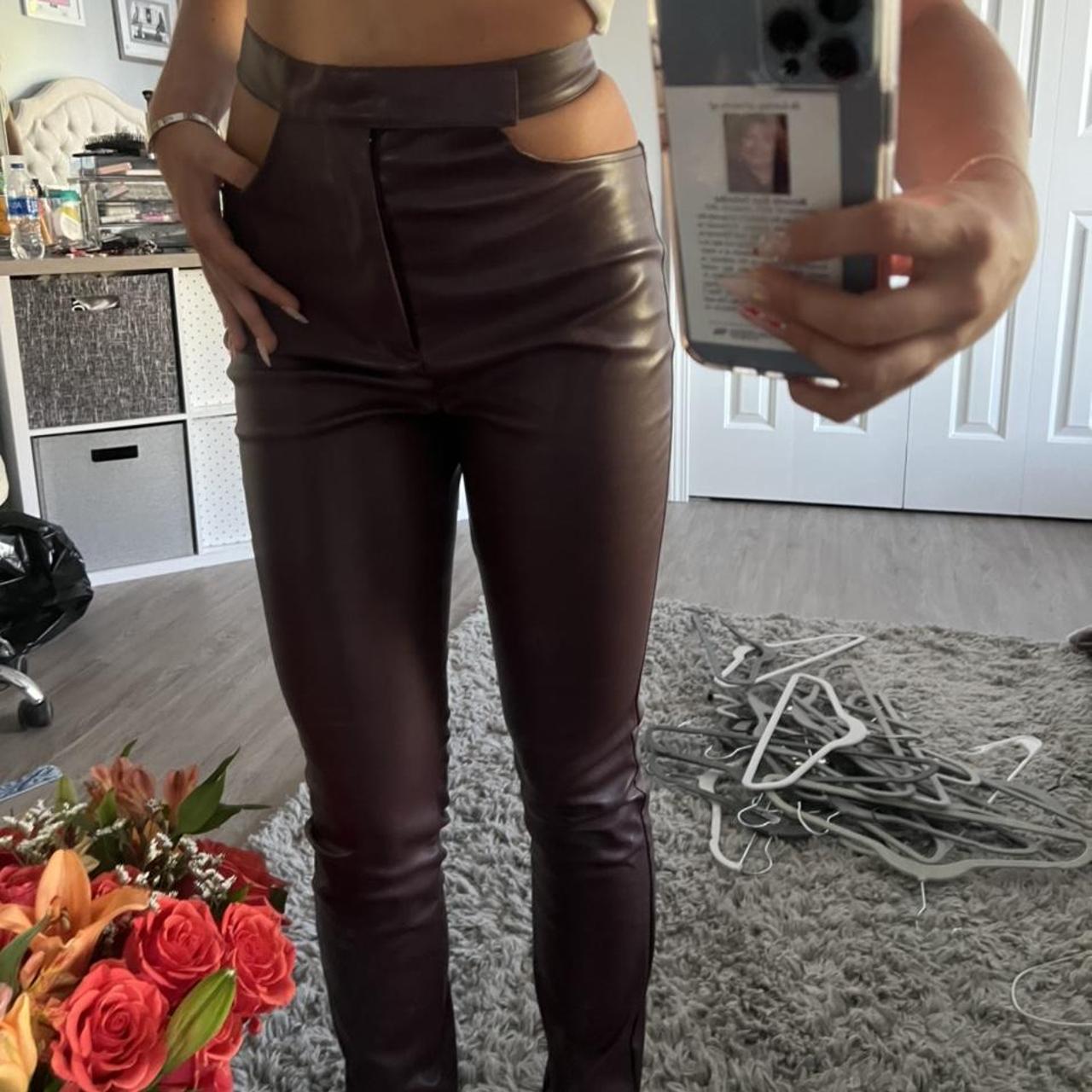 PrettyLittleThing Women's Brown and Burgundy Trousers | Depop