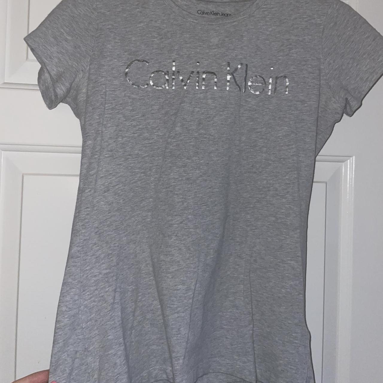 Calvin Klein Women's Grey and Silver T-shirt | Depop