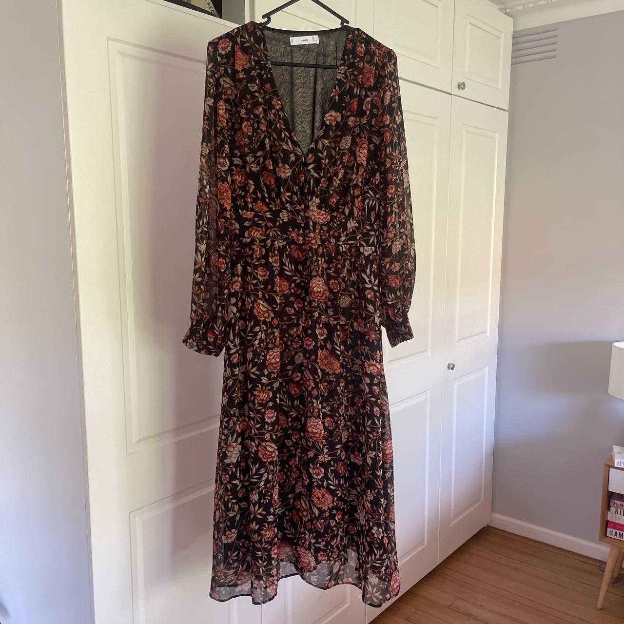 Mango Long Sleeve Floral Midi Dress. Featuring v... - Depop