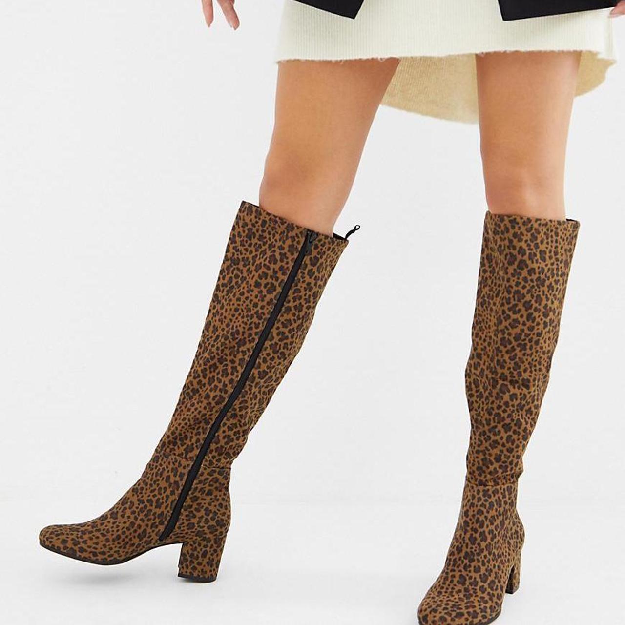 Brown Knee High Heeled Boot In Leopard Print Brand:... - Depop