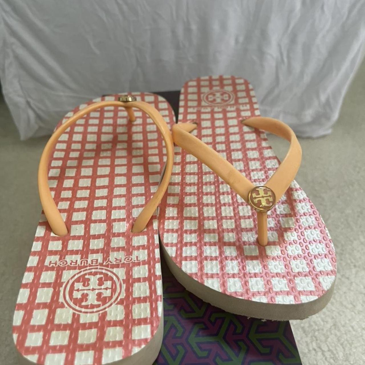 Tory Burch Flip Flops red white and orange, lightly... - Depop