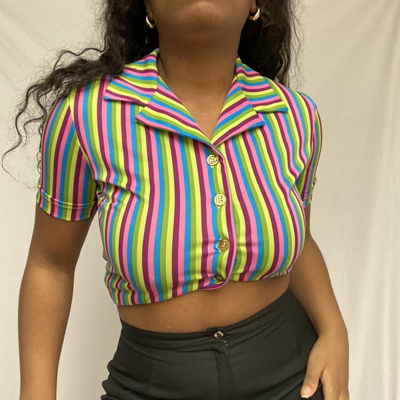 90s colourful stripes shirtsleeve blouse FREE... - Depop