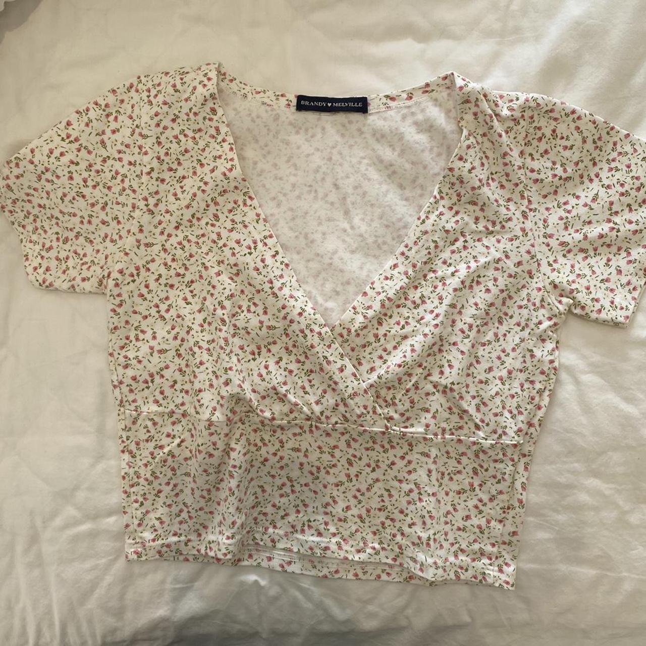 brandy melville white/pink floral v neck crossover Amara Top OS