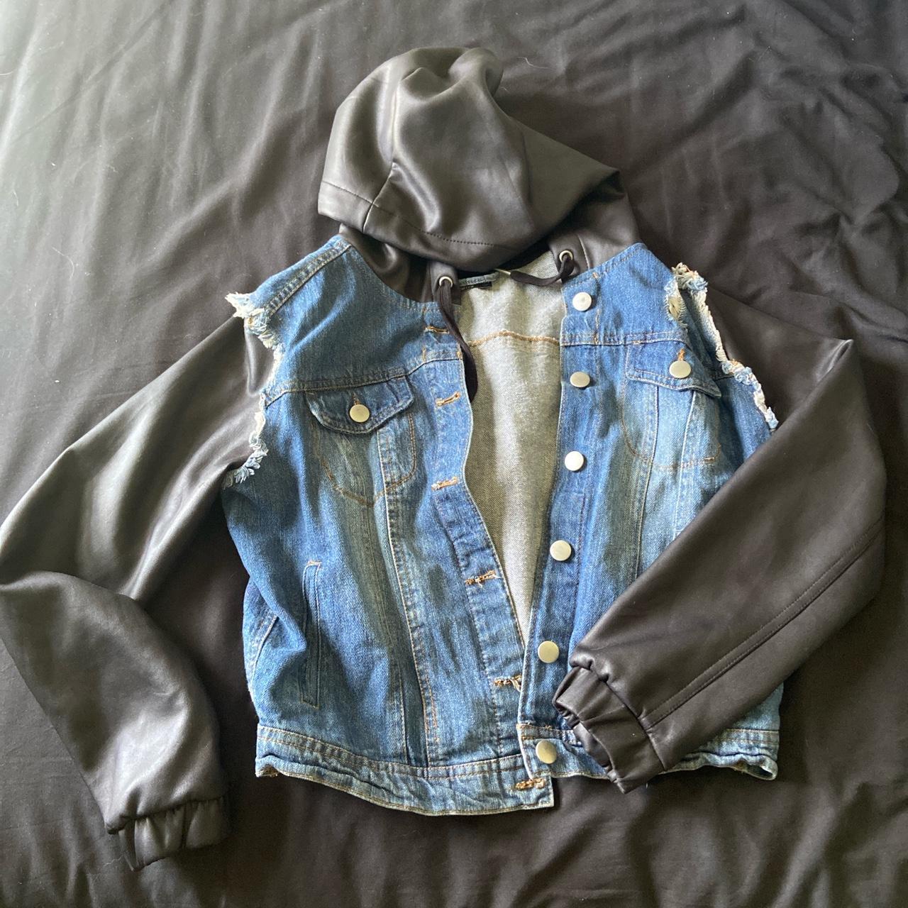 denim jacket with faux leather hood and sleeves