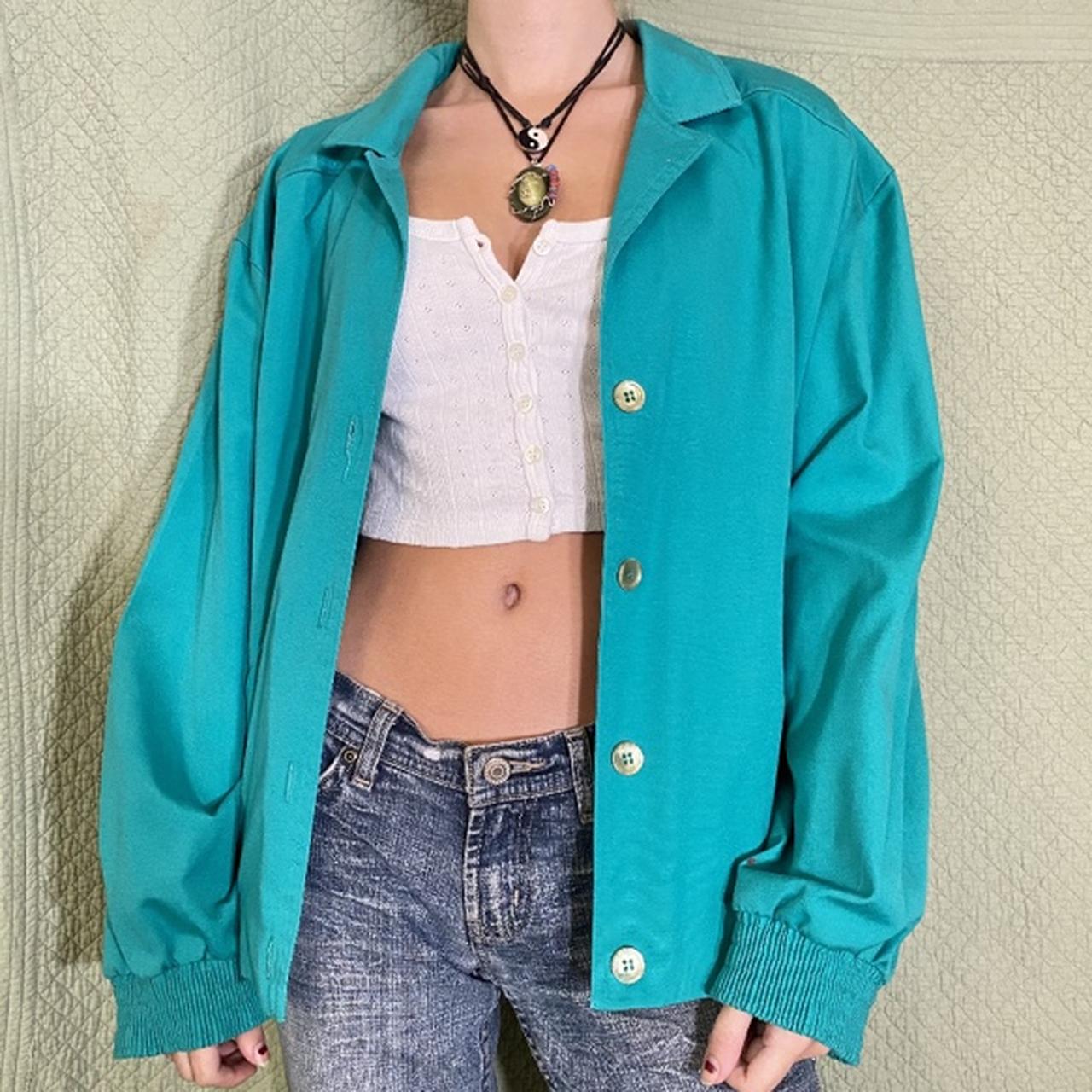 vibrant turquoise button up jacket - Depop