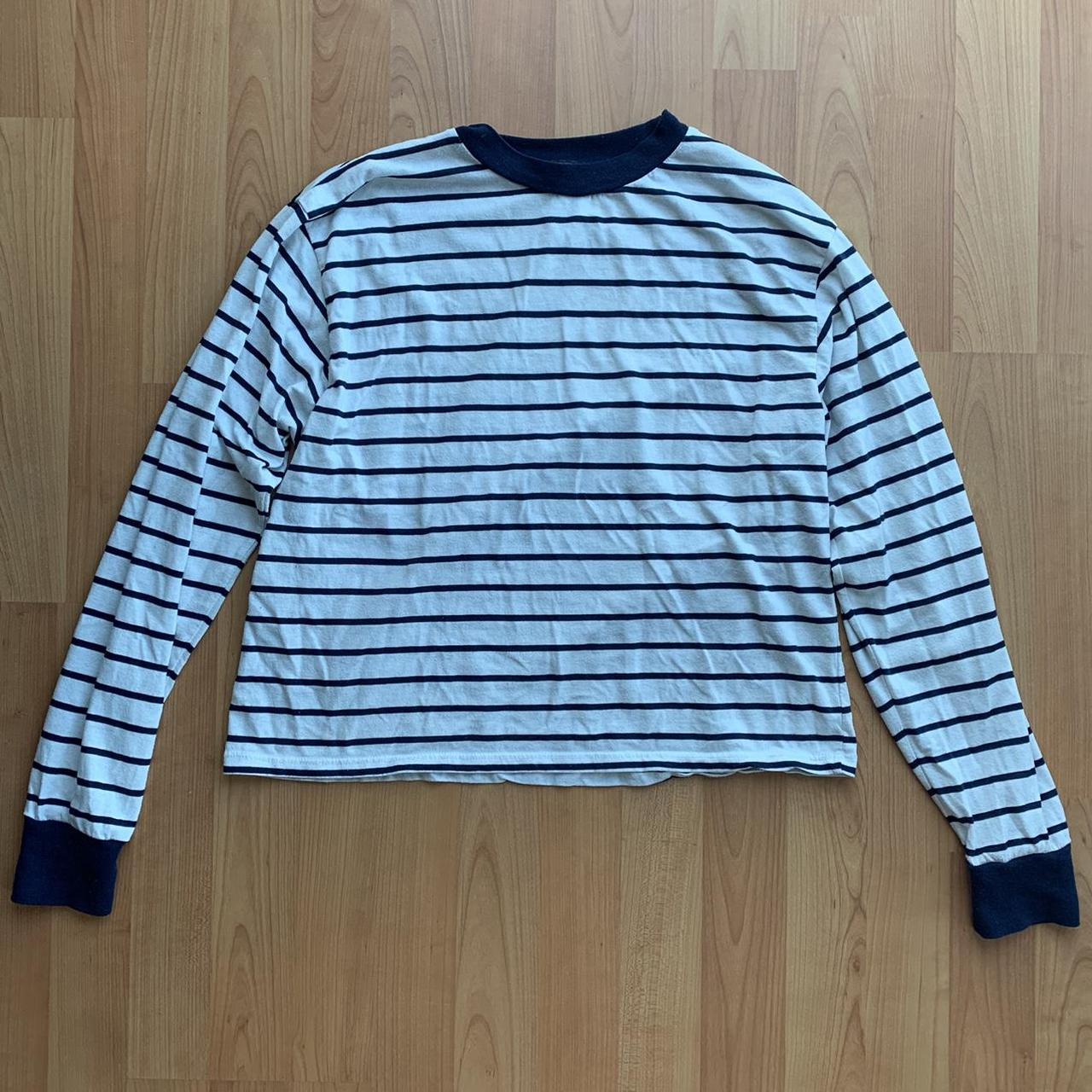 Brandy Melville white and navy long sleeve striped... - Depop