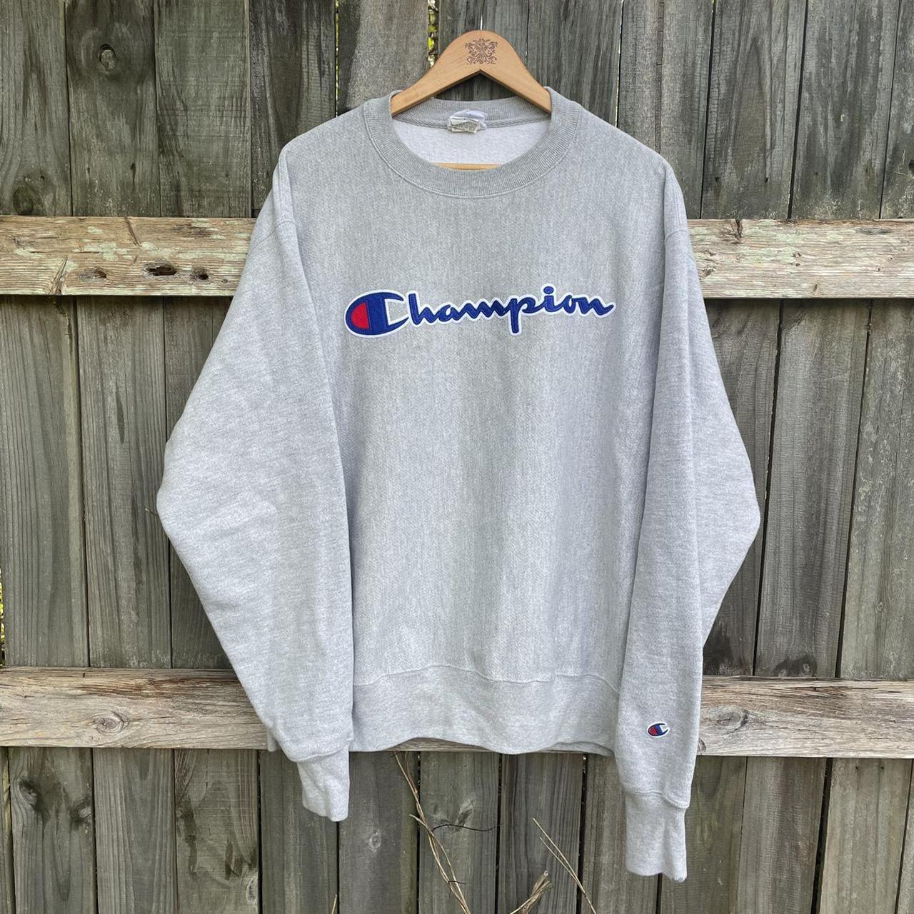 CHAMPION REVERSE WEAVE EMBROIDERED GREY SWEATSHIRT... - Depop