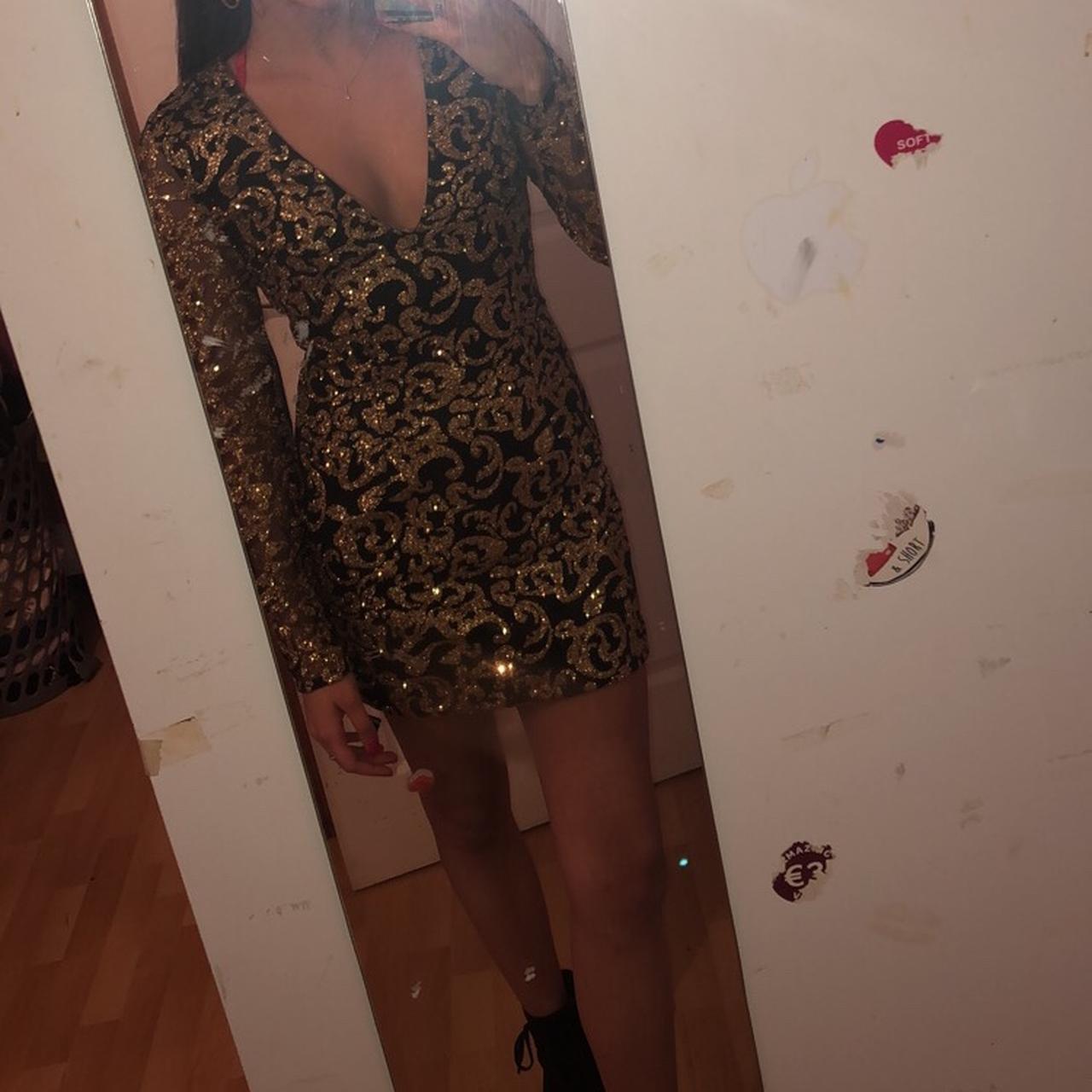 Gold glitter zip up bodycon dress from... Depop