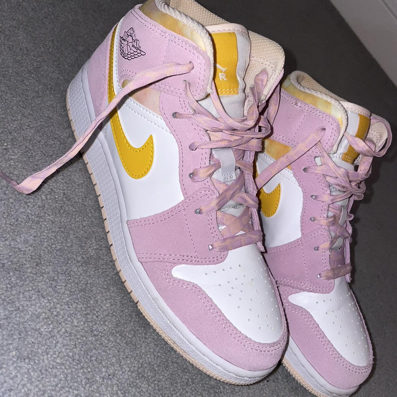 pink and yellow Jordan 1 Mid, with tie-dye laces.... - Depop