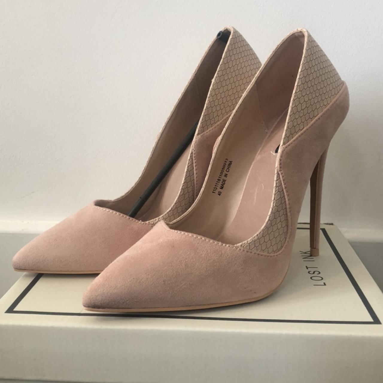 LOST INK Pink leather suede heels. Snake skin. Depop