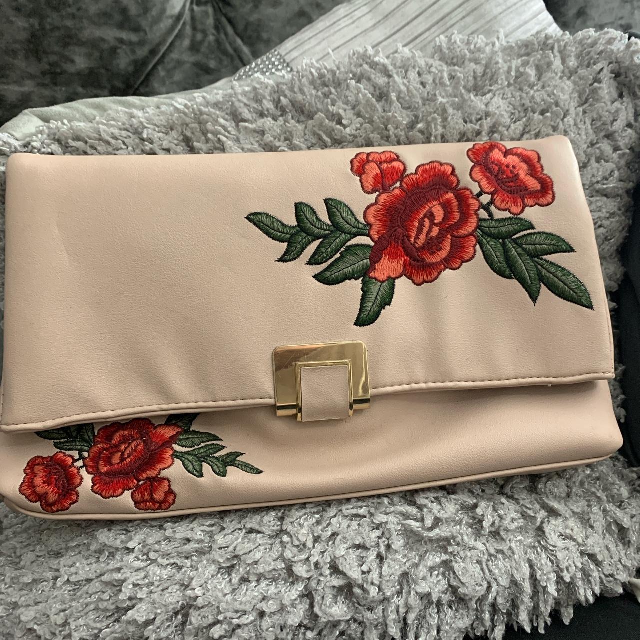 New look large clutch bag with gold chain and flower Depop