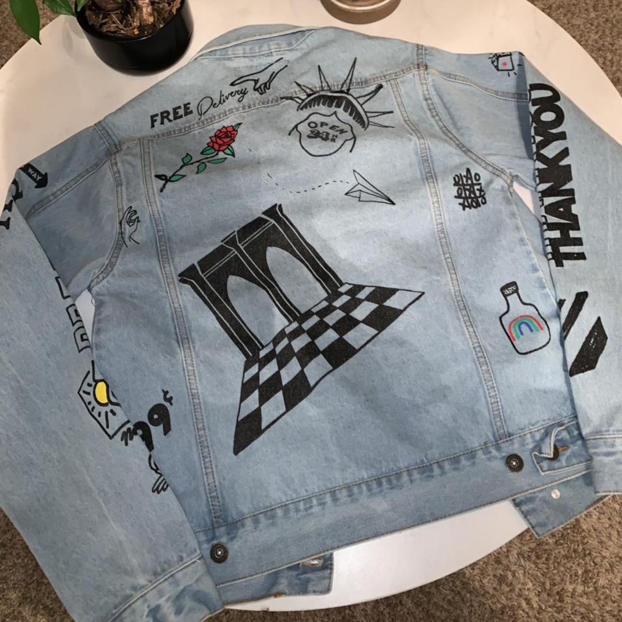 Cool graphic denim jacket! Barely worn, a bit too... - Depop