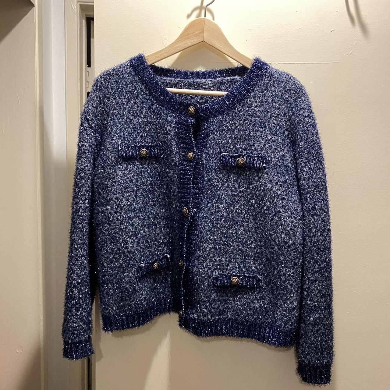 Tweed style navy cardigan No brand, bought in... - Depop