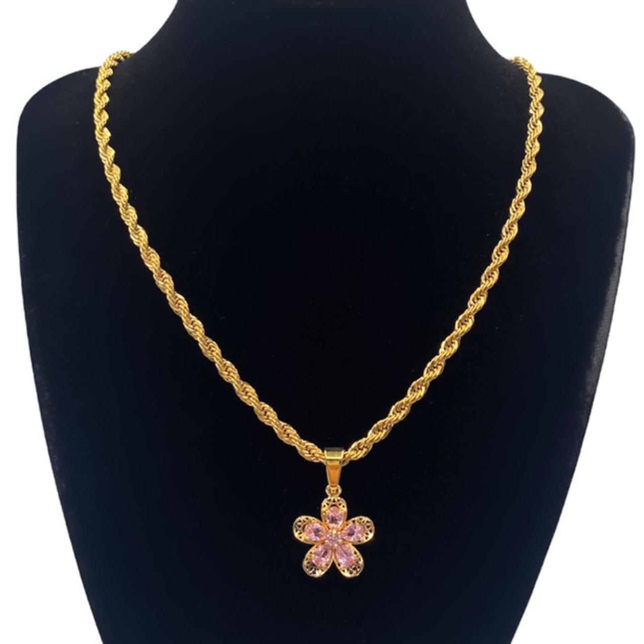 Gold Chain Necklace w/ Pink Flower Pendant • Layered... - Depop