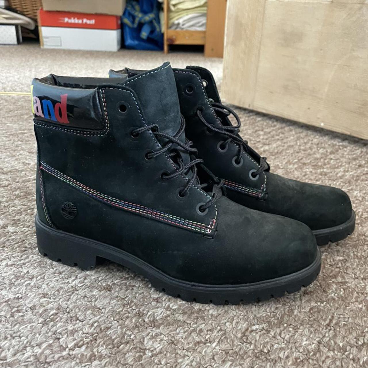 Black timberland lace up boots with rainbow logo... - Depop