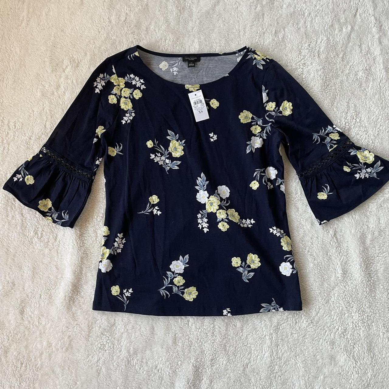 Ann Taylor Women's Navy and Yellow Blouse | Depop