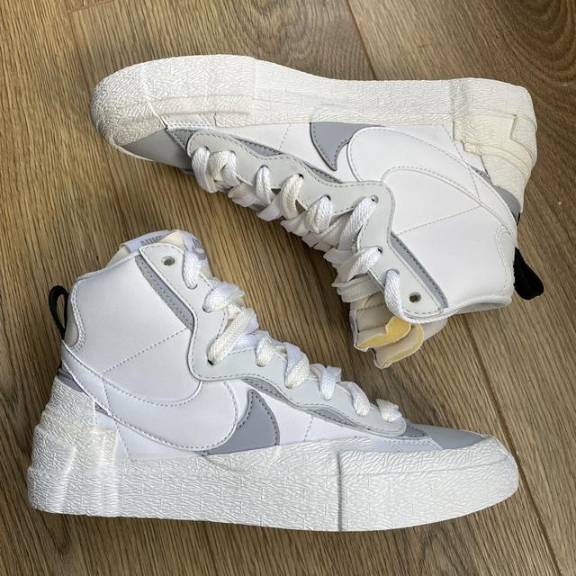 Nike Blazer Mid SACAI White Grey Size 4 Condition:... - Depop