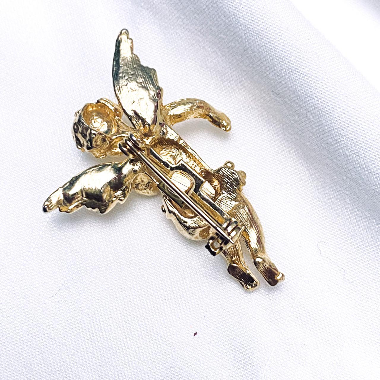 Vintage Christmas Angel Cherub Brooch Lapel Pin Gold... - Depop