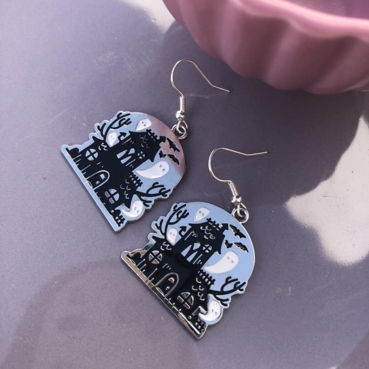 Haunted house with ghosts enamel earrings. Silver... - Depop