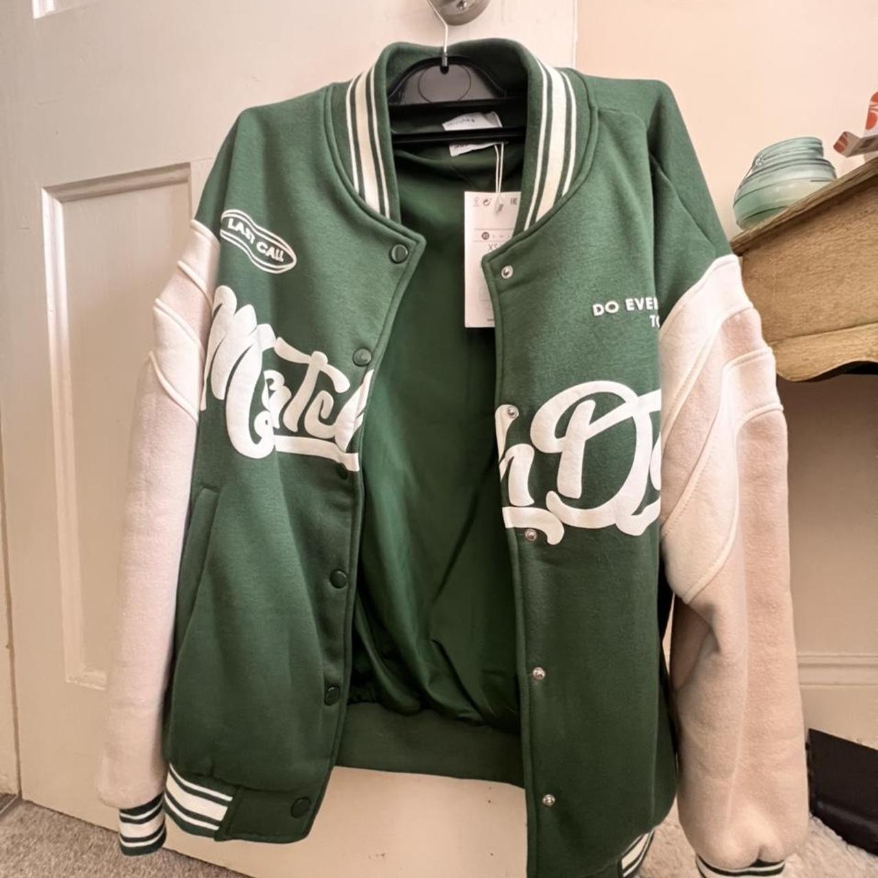 99p shipping Bershka green varsity baseball jacket... Depop