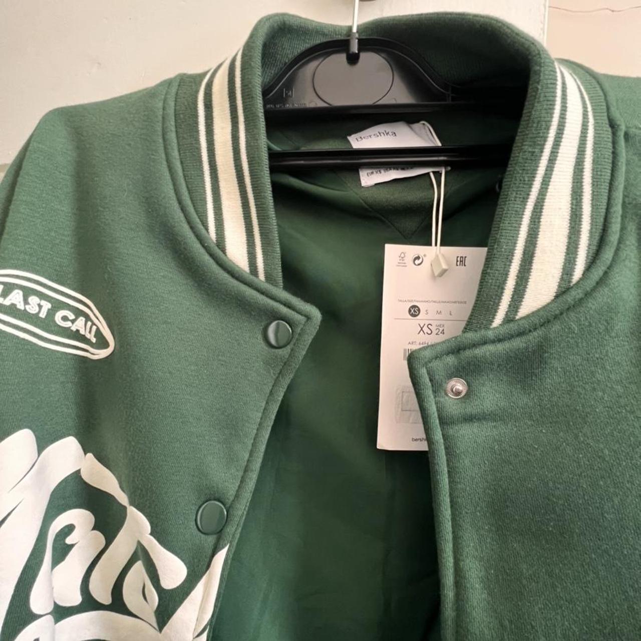 99p shipping Bershka green varsity baseball jacket... - Depop