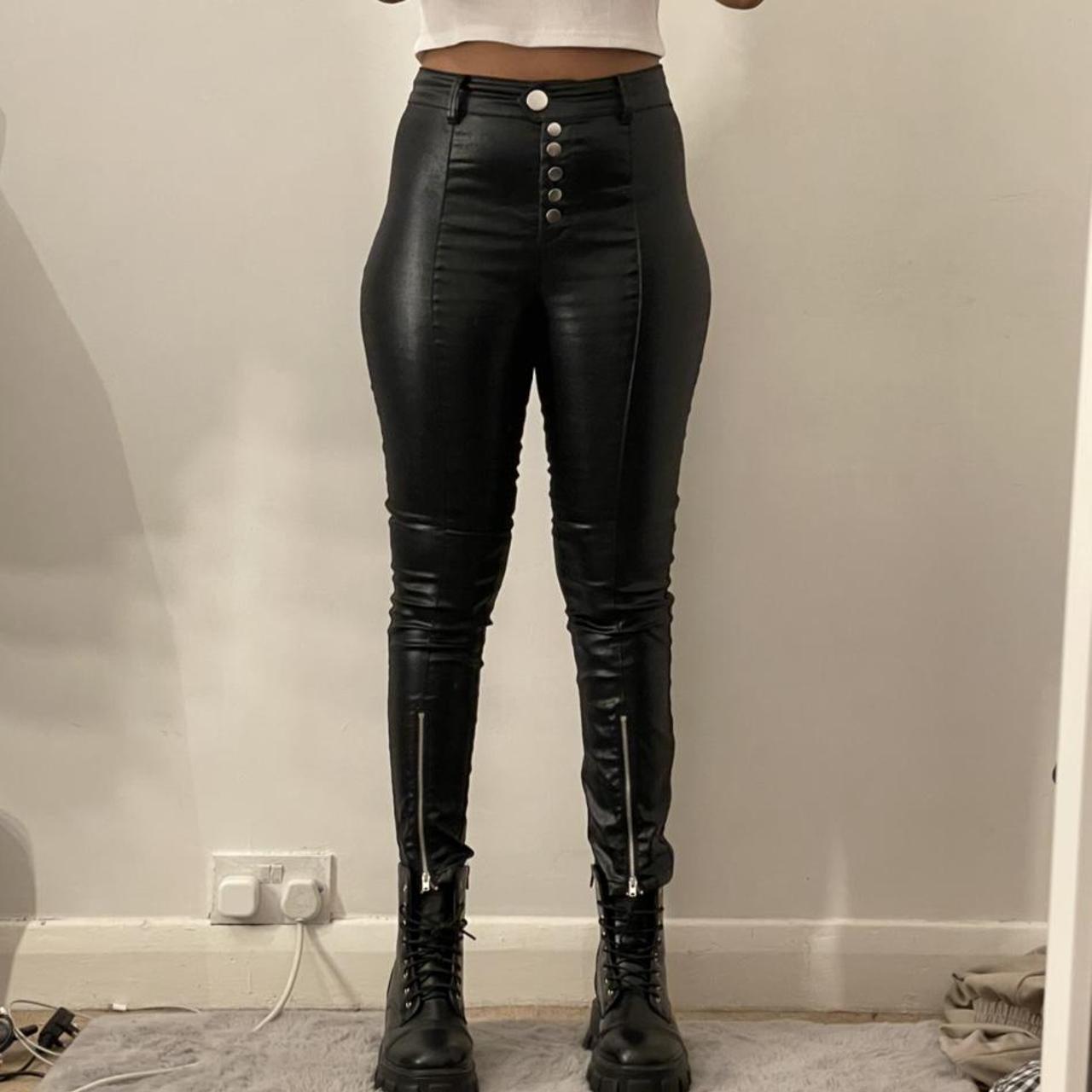H&M black zip up leather pants small us size 6 /... Depop