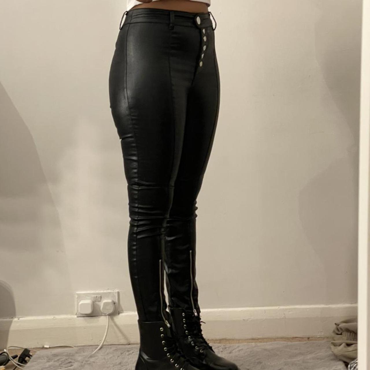 H&M black zip up leather pants small us size 6 /... Depop