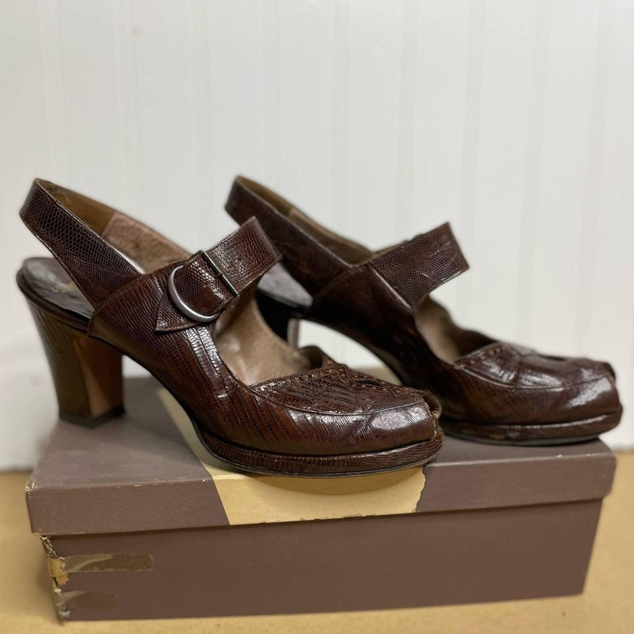 Vintage 50s Brown Peep Toe Sandal Heels Women's... - Depop