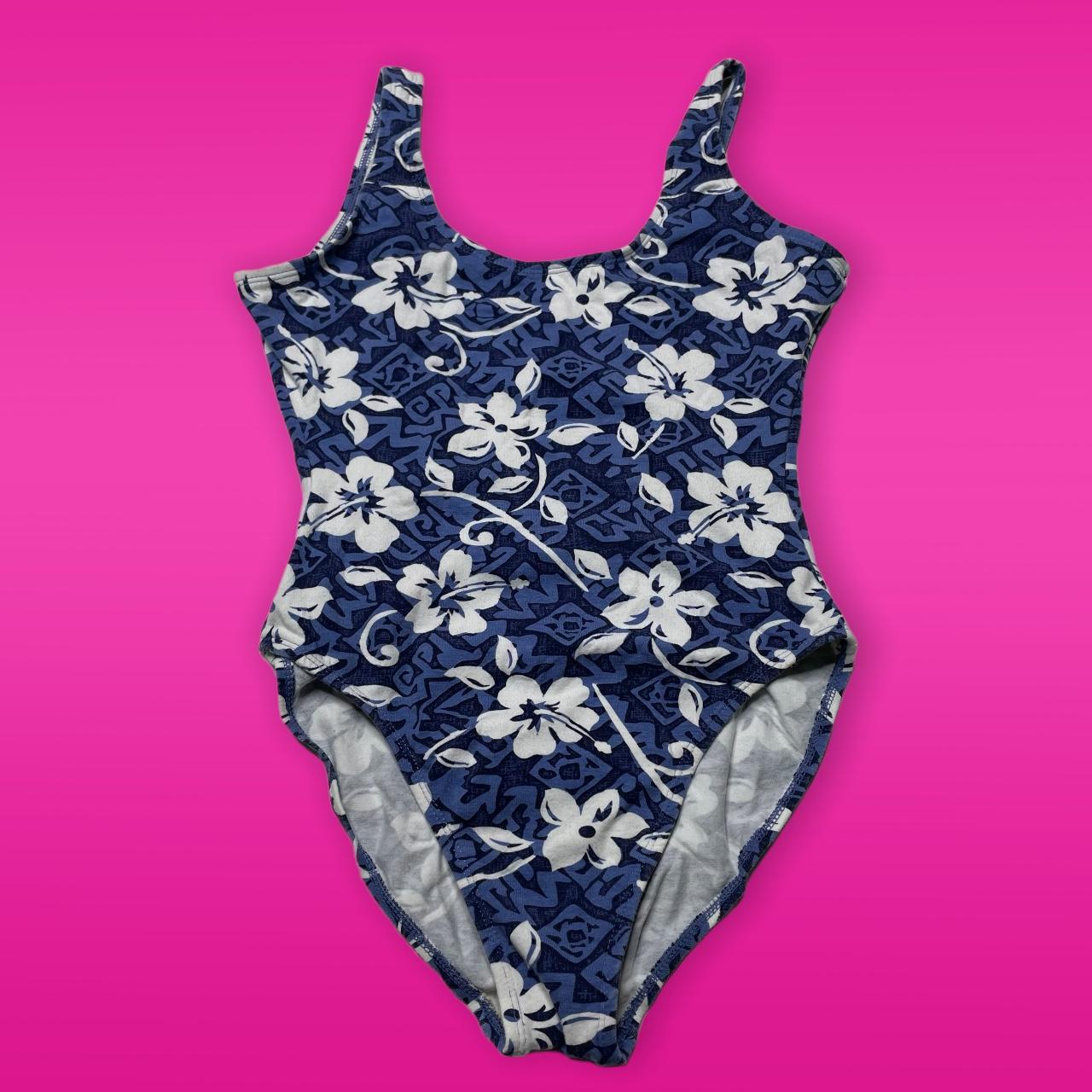 Vintage One Piece Swimsuit Blue White Floral... Depop