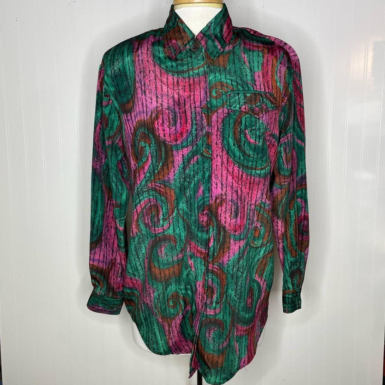 Vintage 80s/90s Abstract Pink Green Brown Blouse... - Depop