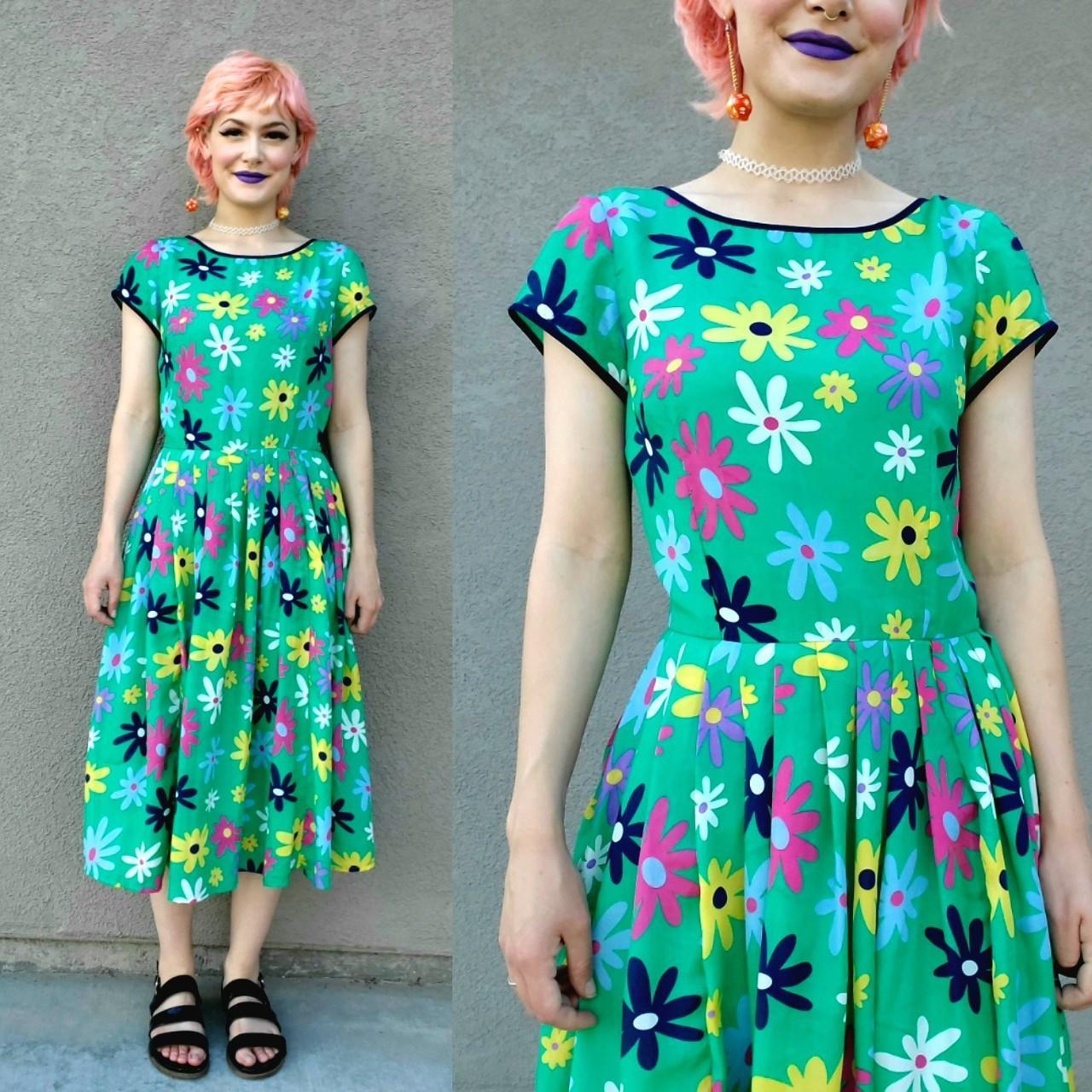 Green Flower Power Skater Style Midi Dress by... - Depop