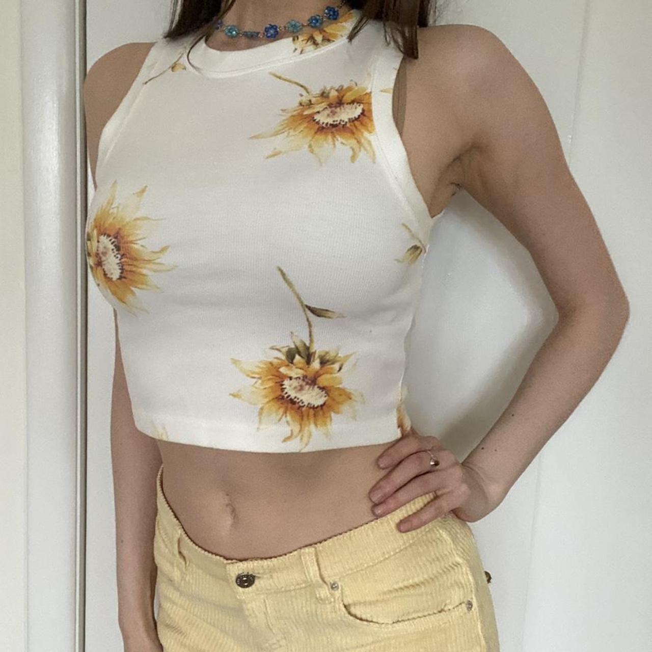 White Sunflower Tank Crop top High neck Ribbed. Depop