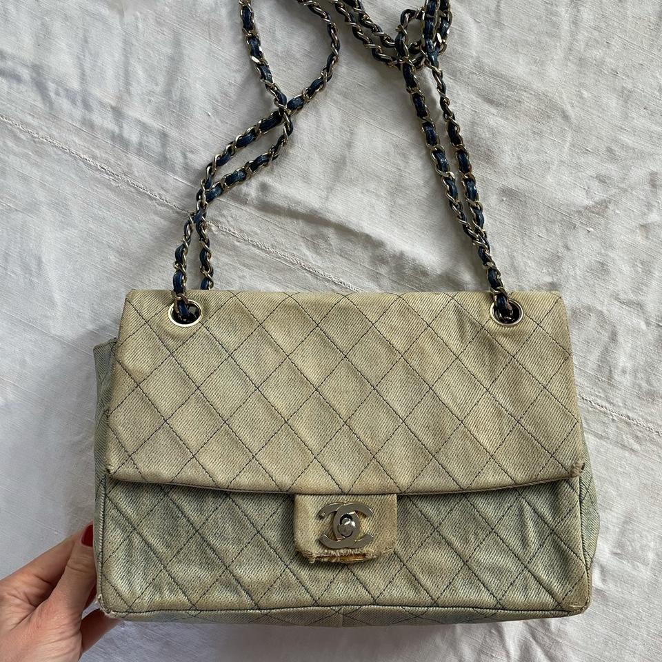 Vintage Chanel denim flap bag from the 80s. Rare - Depop